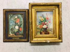 Two Floral pictures in gilt frames, one by R Savey