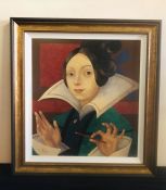 Framed oil on board by Olga Oreshnikov of lady holding a crayon with initials O.R