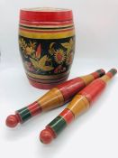 Vintage Russian folk art barrel and wooden lacquer painted chapati rollers