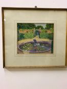 Watercolour of a Lilly pond in a walled garden by F Drummond 50 cm x 46 cm.