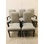 Five grey upholstered contemporary large dining chairs with arms