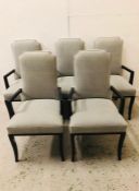 Five grey upholstered contemporary large dining chairs with arms