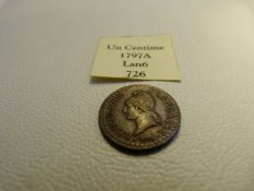 A 1797 French 1 Centime Coin (AEF) Liberty Head/ Une Centime