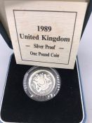 1989 Silver proof One Pound Elizabeth II coin