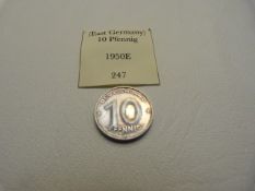 A 1950 German 10 Pfennig coin, EF, Hammer & Wheat with 10 to reverse