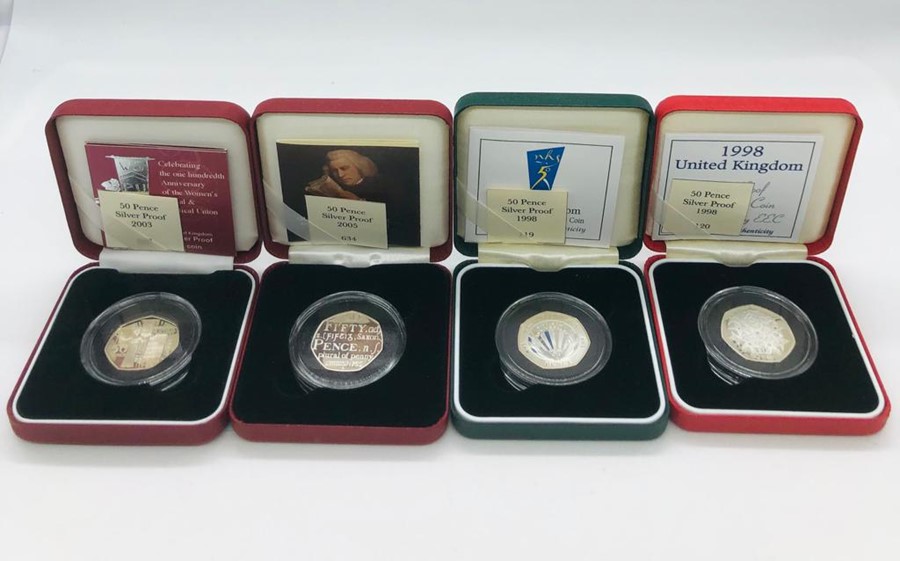 Four silver proof cased 50p coins 1998 25th Anniversary EEC, 1998 NHS, 2005 250th Anniversary of