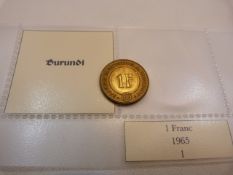 A 1965 Burundi 1 Franc coin