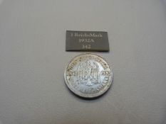 A silver German 1932 Drei Reichsmark, AUNC, 15g, Goethe and Eagle to reverse,.