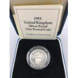 A 1993 United Kingdom One Pound silver proof coin