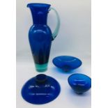 Anja Kjoer designed - Copenhagen Glass made - cobalt blue set. 3 dish/bowls and a Pitcher.