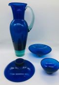 Anja Kjoer designed - Copenhagen Glass made - cobalt blue set. 3 dish/bowls and a Pitcher.