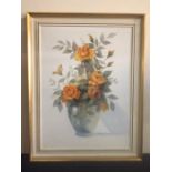 Large framed oil on canvas of flowers in glass vase signed by O.Rocca