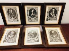 Six wooden framed prints of pencil drawings