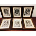 Six wooden framed prints of pencil drawings