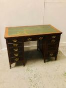 Thomas Turner 1861 Oak Writing Desk with green leather top on brass castors (H 75 X W 114 X D 63CM)