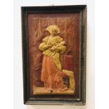 A framed image of a mother and child in leather.