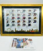 A Framed sheet of London Parade Olympic stamp set along with a Dame Kelly Holmes collectable cover.