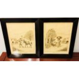 Two wooden framed Maltese prints of Ploughman and Peasant by Albert Caruana 1974