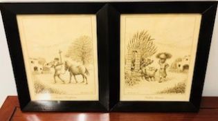 Two wooden framed Maltese prints of Ploughman and Peasant by Albert Caruana 1974