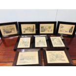 Nine wooden framed prints of pencil drawings