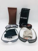 Four Pairs of Collectable sunglasses by Harley Davidson, Oakley, Punk Jock and Polo.