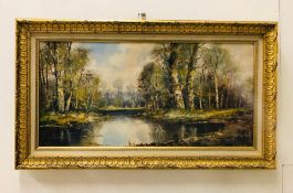 Oil on canvas of a lakeside scene, signed bottom left with an indistinct signature.