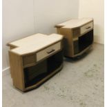 Two Bedside tables with leather tops metal handles and glass fronted cupboard.