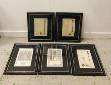 A Framed set of five Architectural prints, featuring the elevation of Fontaie Erigee, Rue de