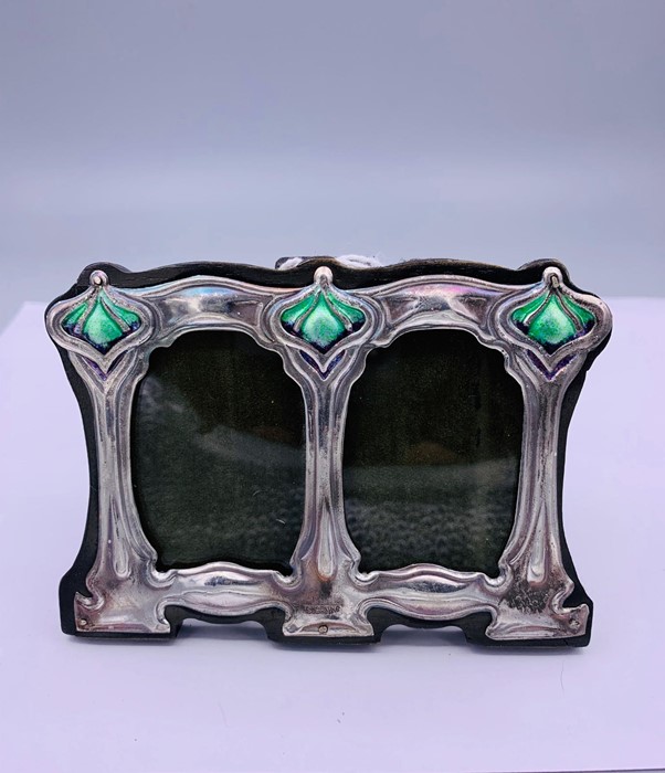 A silver and enamel Liberty style easel back double picture frame