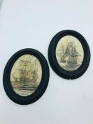 Two framed oval pictures of battles of the 1800's