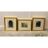 Three framed prints in gold frames to include Bruges Cathedral, Ladies by a lake and a landscape.