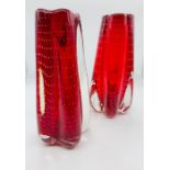 Pair of Whitefriars controlled bubble Ruby glass vases designed by Geoffrey Baxter Pat No 9772 c.