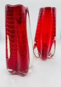Pair of Whitefriars controlled bubble Ruby glass vases designed by Geoffrey Baxter Pat No 9772 c.