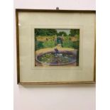 Watercolour of a Lilly pond in a walled garden by F Drummond 50 cm x 46 cm.