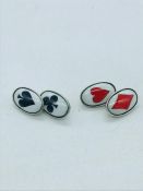 Playing card themed, silver and enamel cuff links.