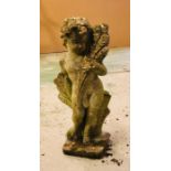 Weathered Garden Statue of a Cherub Holding a Sheaf of Corn ( 69cm Tall)