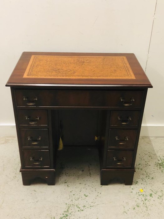 Small Tan Leather Topped lockable Desk With Three Small Drawers Each Side, One Top Drawer and a - Image 2 of 3