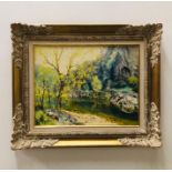 A Framed oil on canvas 'La Riviere' by John Donaldson on a bleached gilt frame with linen mount