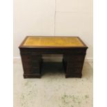 Green Leather Topped Pedestal Desk with Four Drawers either Side and Centre Drawer