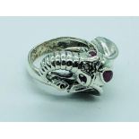 An Unusual Silver Elephant Ring with Ruby Eyes