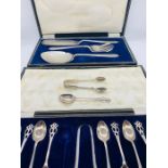 Boxed Set of Silver Plated Serving Set and a Boxed Set of Twelve Teaspoons and Sugar Nips