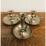 Three Victorian Style Pewter Candlesticks