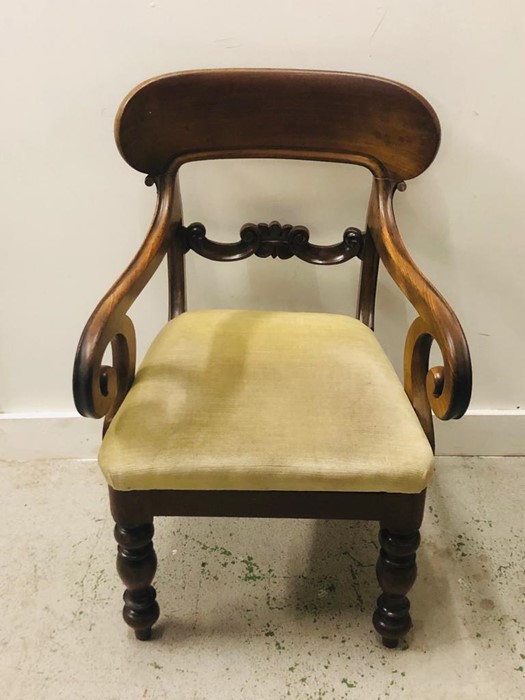 Large Oak carver with pale green seat, scrolled arms, and detailing, front turned legs. - Image 2 of 2