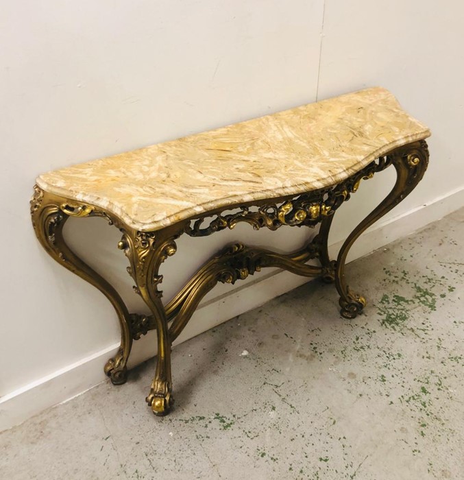 A gilt Rococo style console table with marble top 125cm x 79cm x 40cm - Image 3 of 4