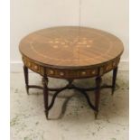 A Round Ornate centre table with marquetry top with glass overlay, curved x stretcher on six legs