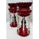 Pair of Victorian ruby lustres with prism drops C1860, with floral enamel decorative (36 x 17cm)