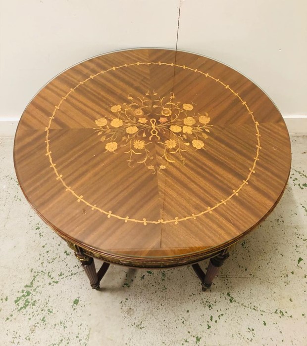 A Round Ornate centre table with marquetry top with glass overlay, curved x stretcher on six legs - Image 2 of 5