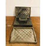 A Set of Eight Pewter Rectangular Place Mats with Two Matching Trays and a Cigar Box Stamped with
