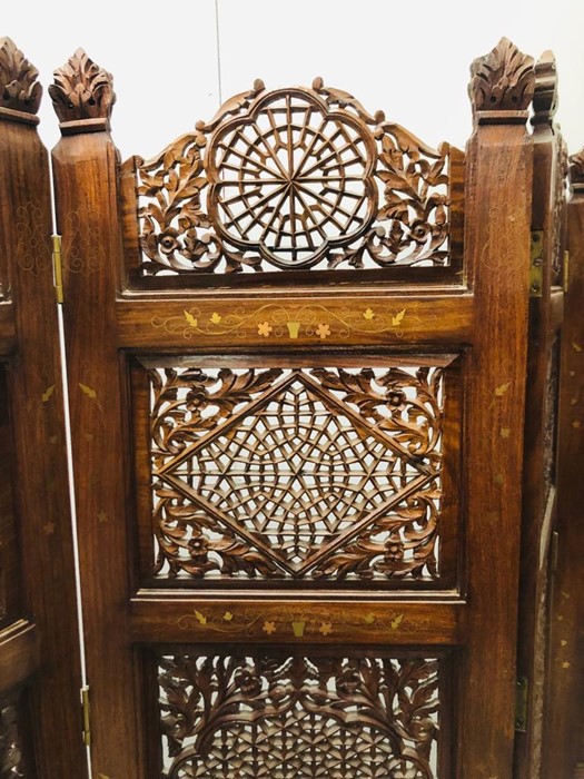 An Ornate Carved Wooden Screen with Brass Detail Inlay - Image 2 of 3