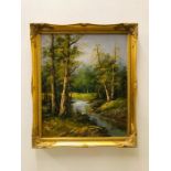 Framed Oil on Canvas of a Stream and Trees